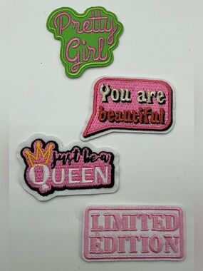 LOT OF 4 PINK AND GREEN GIRLY EMPOWERMENT SEW OR IRON ON PATCHES